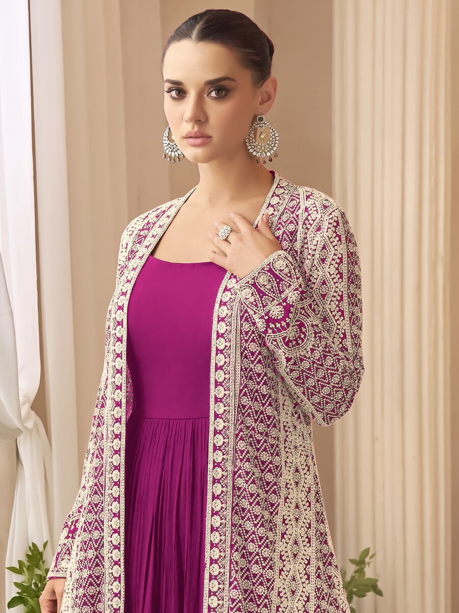 Wine Heavy Chinon Embroidered Wedding Party Festival Ready Gown Shrug Women Wear