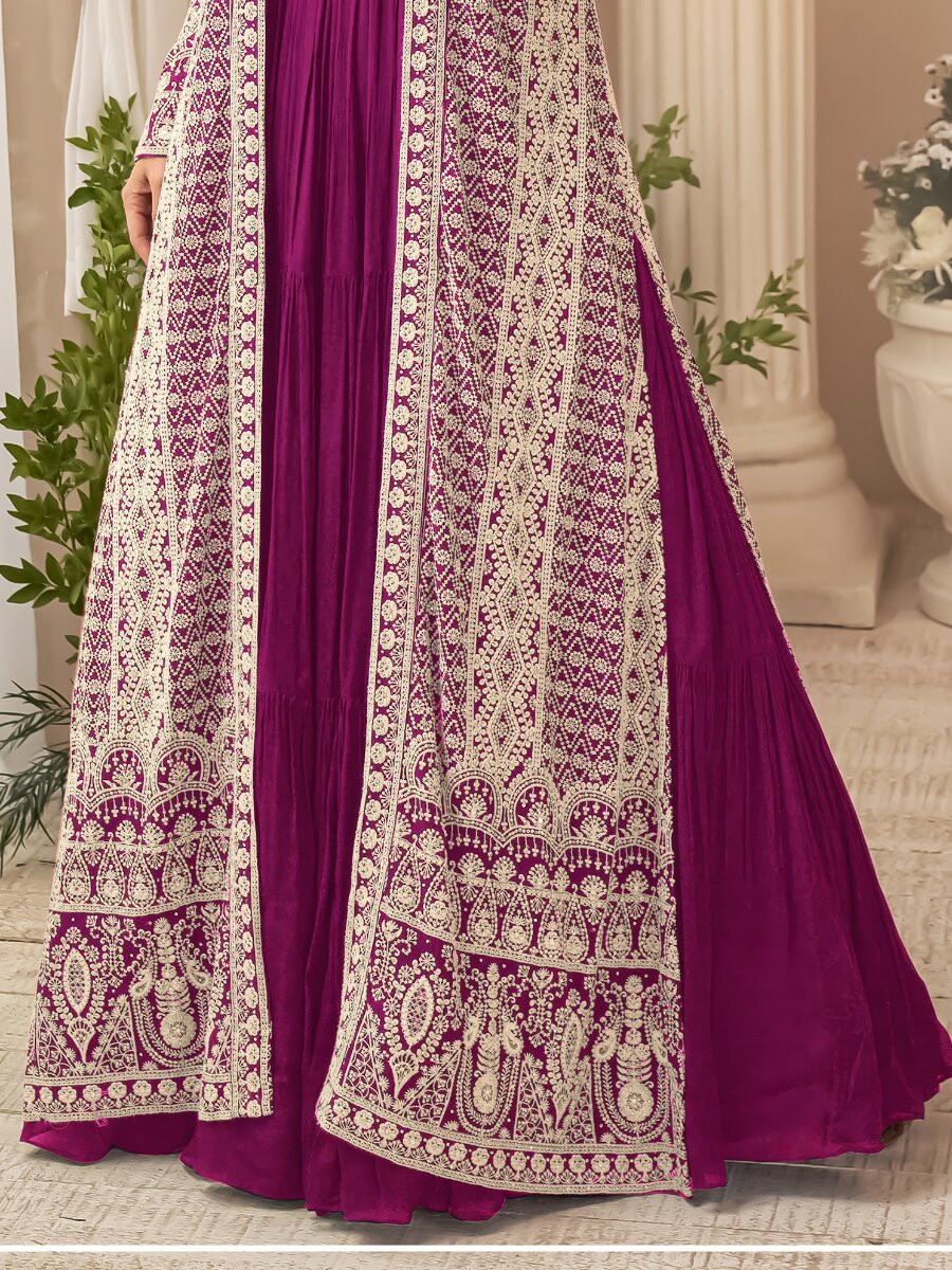 Wine Heavy Chinon Embroidered Wedding Party Festival Ready Gown Shrug Women Wear