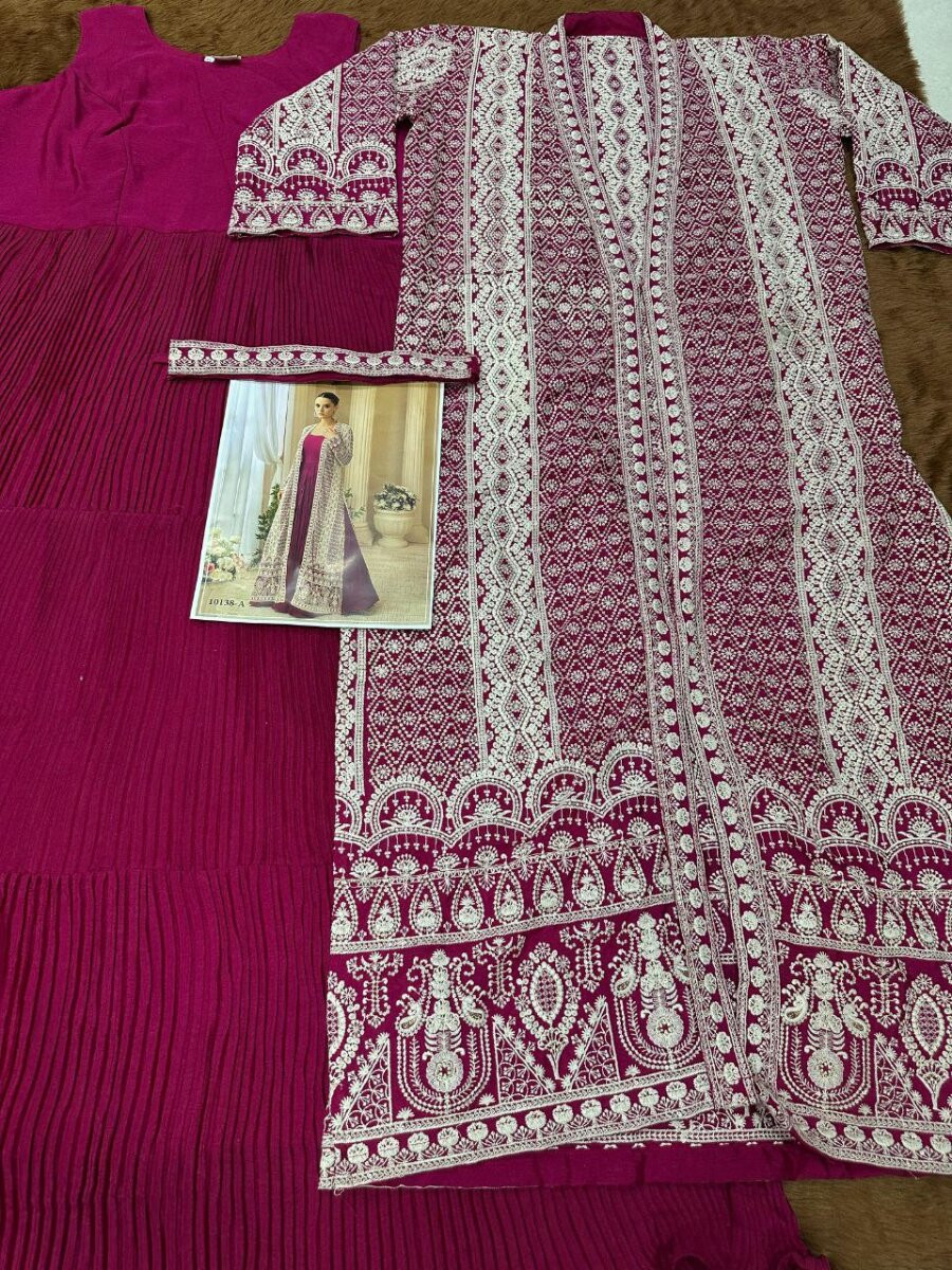 Wine Heavy Chinon Embroidered Wedding Party Festival Ready Gown Shrug Women Wear