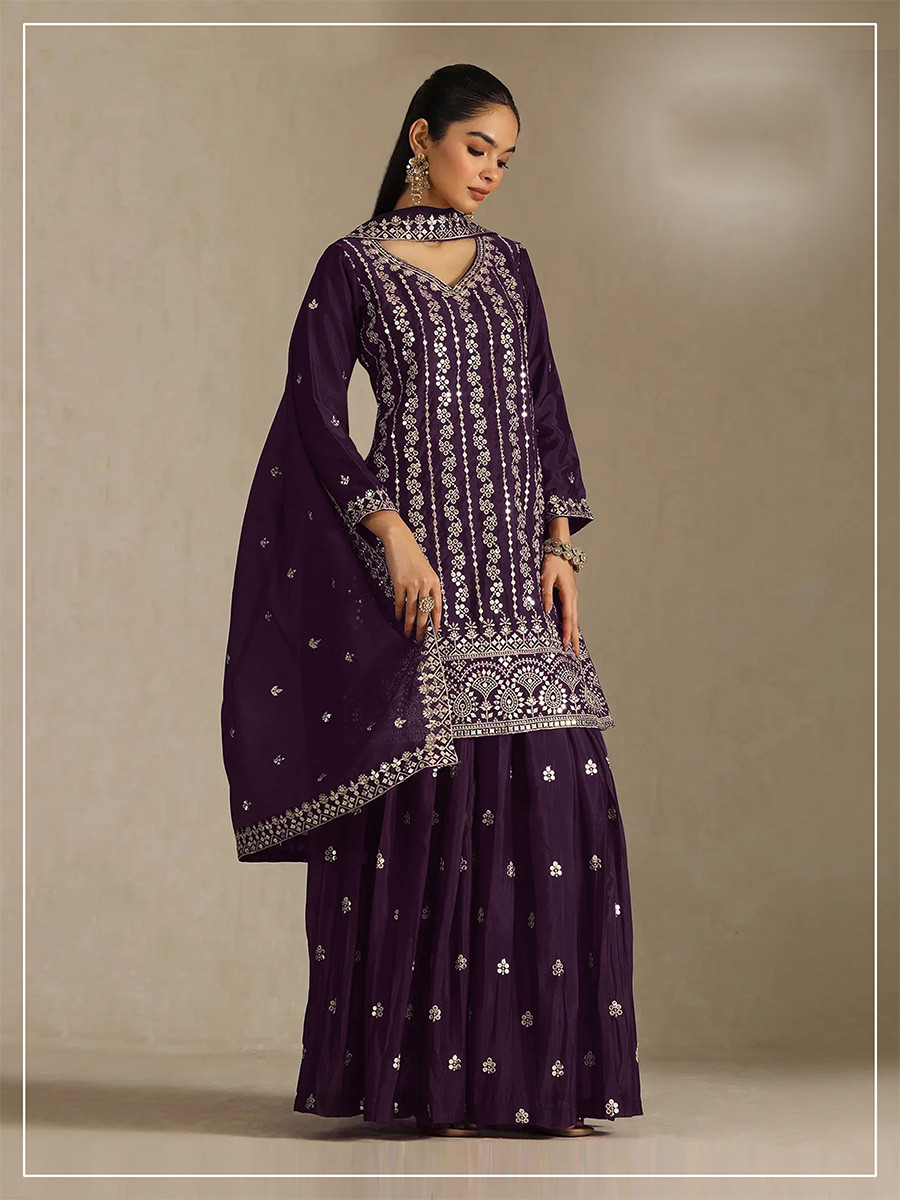 Wine Heavy Chinon Embroidery Sequins Wedding Party Festival Casual Palazzo Pant Salwar Kameez