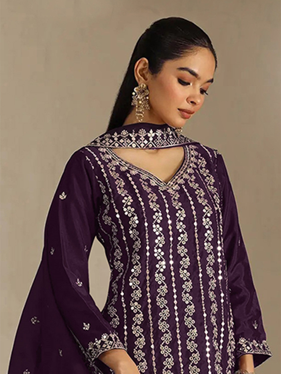 Wine Heavy Chinon Embroidery Sequins Wedding Party Festival Casual Palazzo Pant Salwar Kameez
