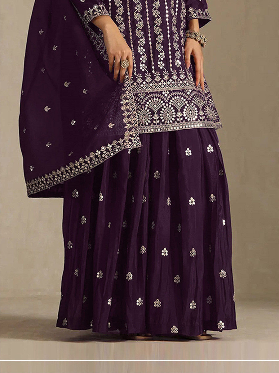 Wine Heavy Chinon Embroidery Sequins Wedding Party Festival Casual Palazzo Pant Salwar Kameez