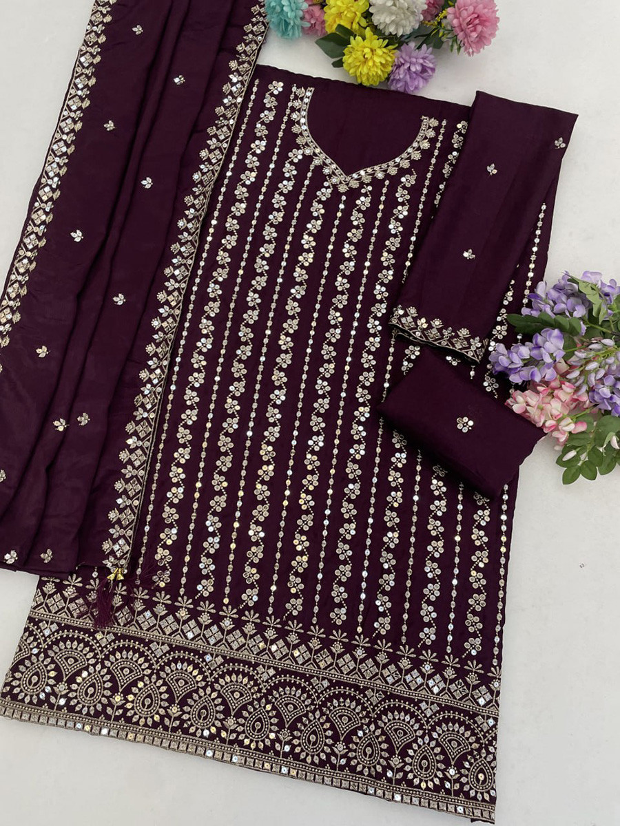 Wine Heavy Chinon Embroidery Sequins Wedding Party Festival Casual Palazzo Pant Salwar Kameez