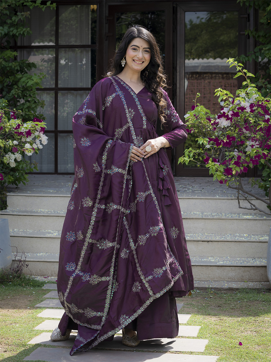 Wine Heavy Cosmos Silk Embroidery Sequins Wedding Party Festival Casual Ready Anarkali Palazzo Pant Salwar Kameez