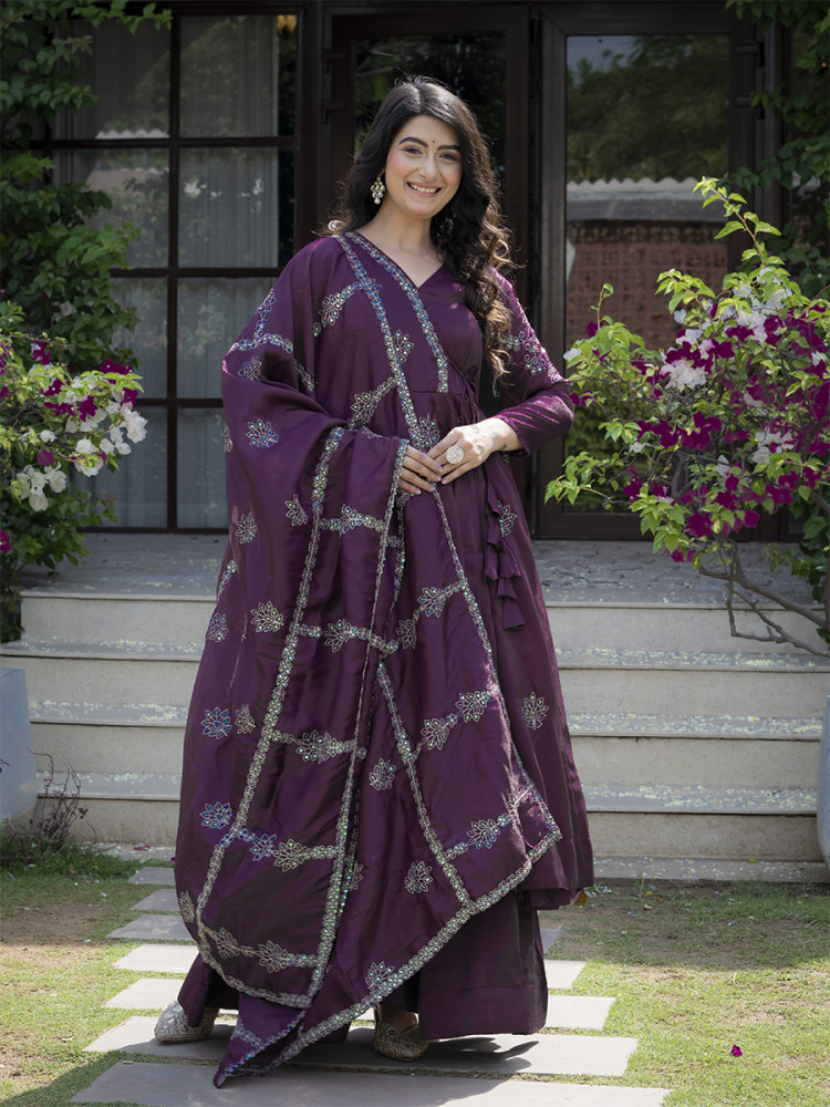 Image of Wine Heavy Cosmos Silk Embroidery Sequins Wedding Party Festival Casual Ready Anarkali Palazzo Pant Salwar Kameez