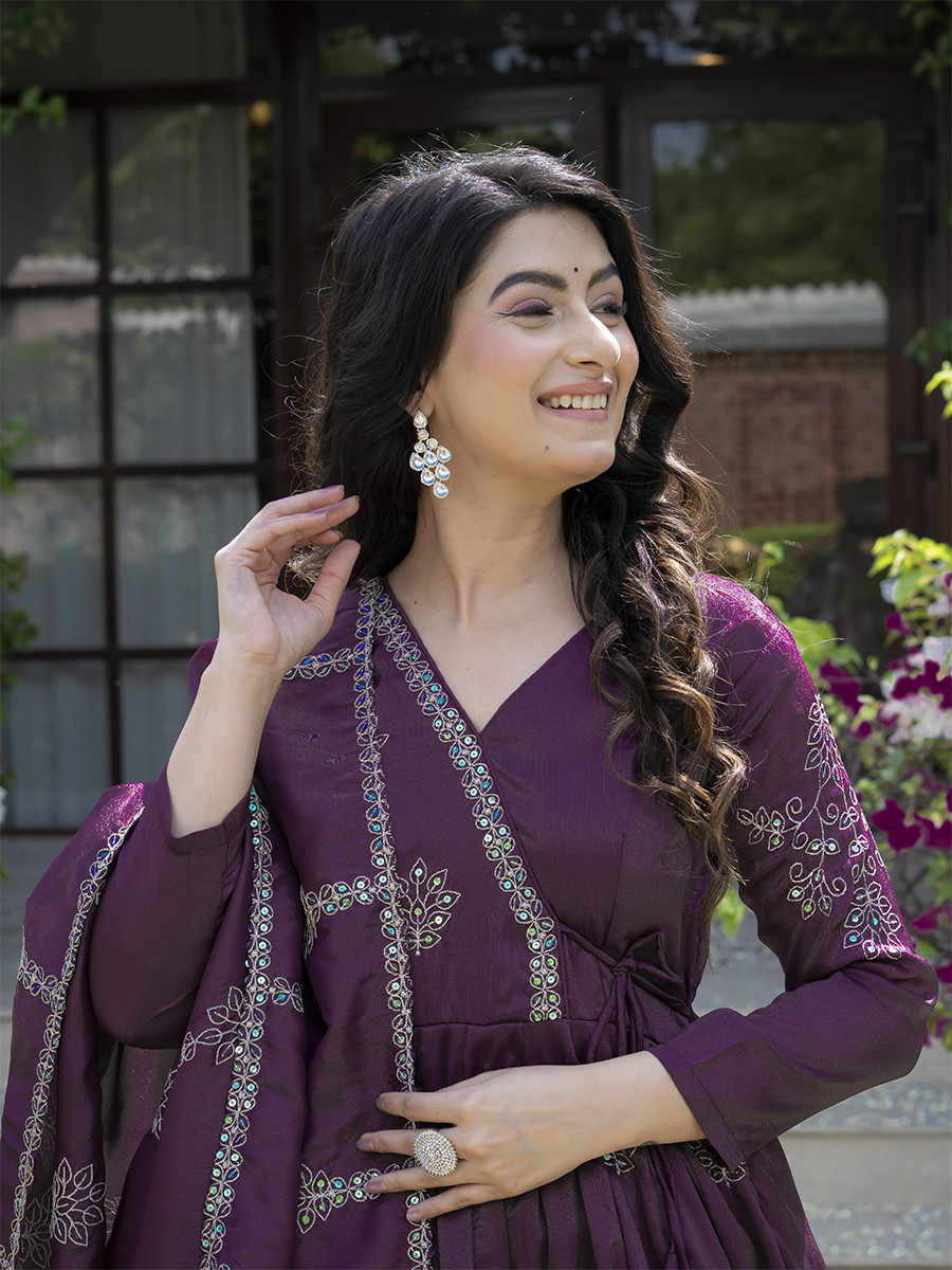 Wine Heavy Cosmos Silk Embroidery Sequins Wedding Party Festival Casual Ready Anarkali Palazzo Pant Salwar Kameez