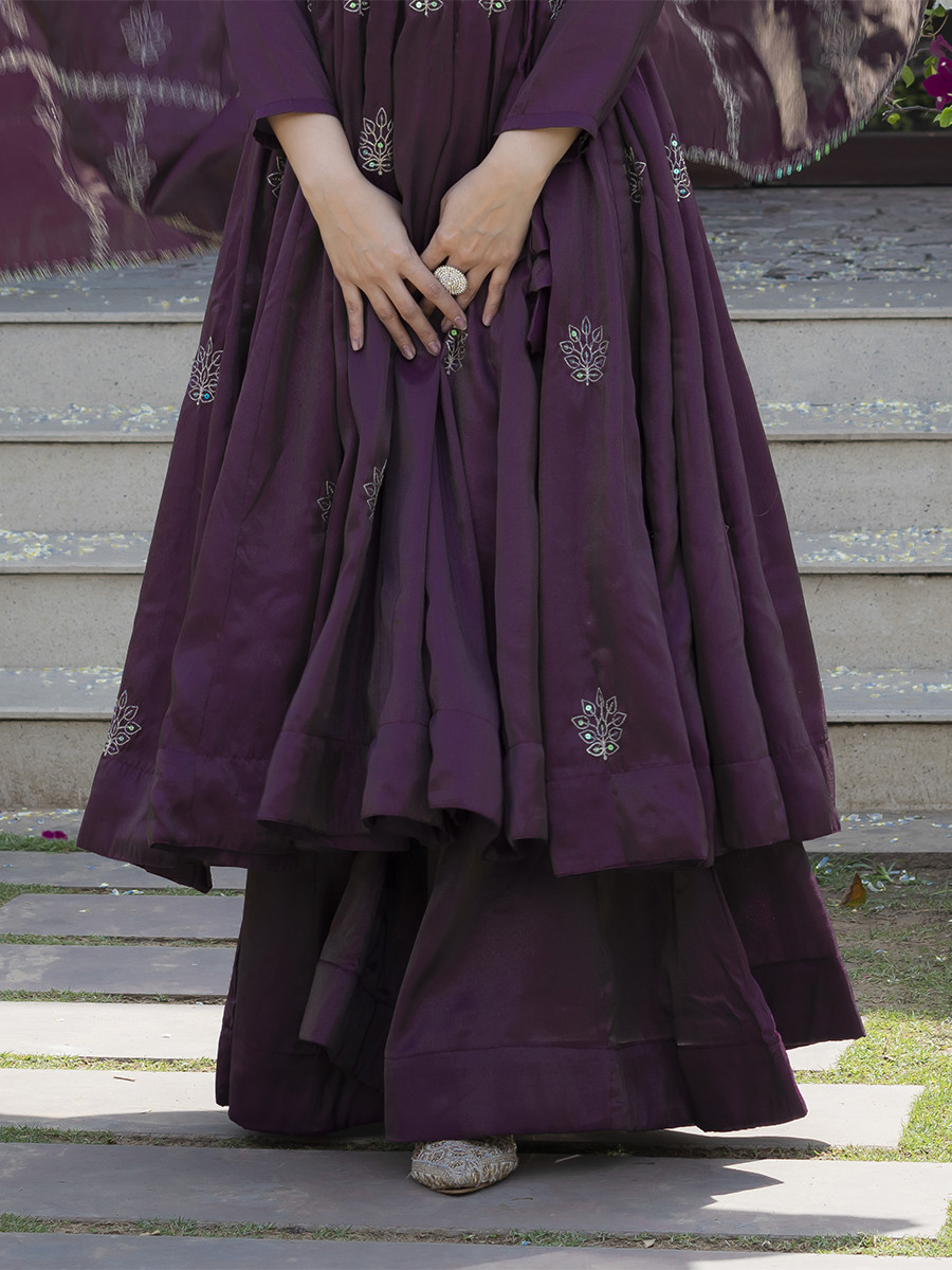 Wine Heavy Cosmos Silk Embroidery Sequins Wedding Party Festival Casual Ready Anarkali Palazzo Pant Salwar Kameez