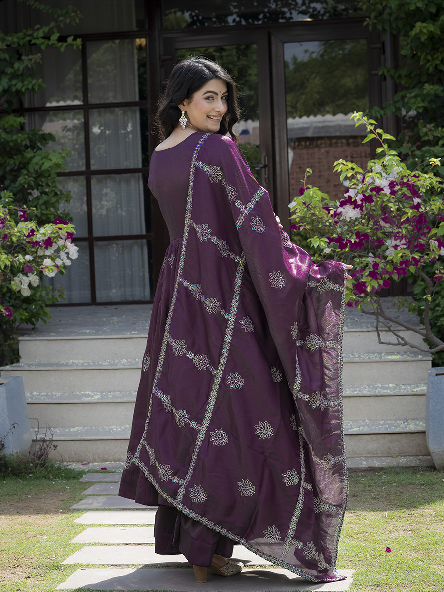 Wine Heavy Cosmos Silk Embroidery Sequins Wedding Party Festival Casual Ready Anarkali Palazzo Pant Salwar Kameez