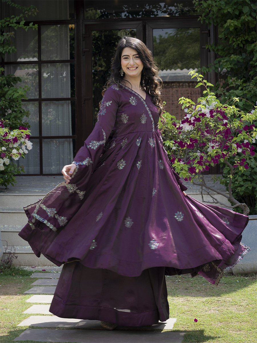 Wine Heavy Cosmos Silk Embroidery Sequins Wedding Party Festival Casual Ready Anarkali Palazzo Pant Salwar Kameez