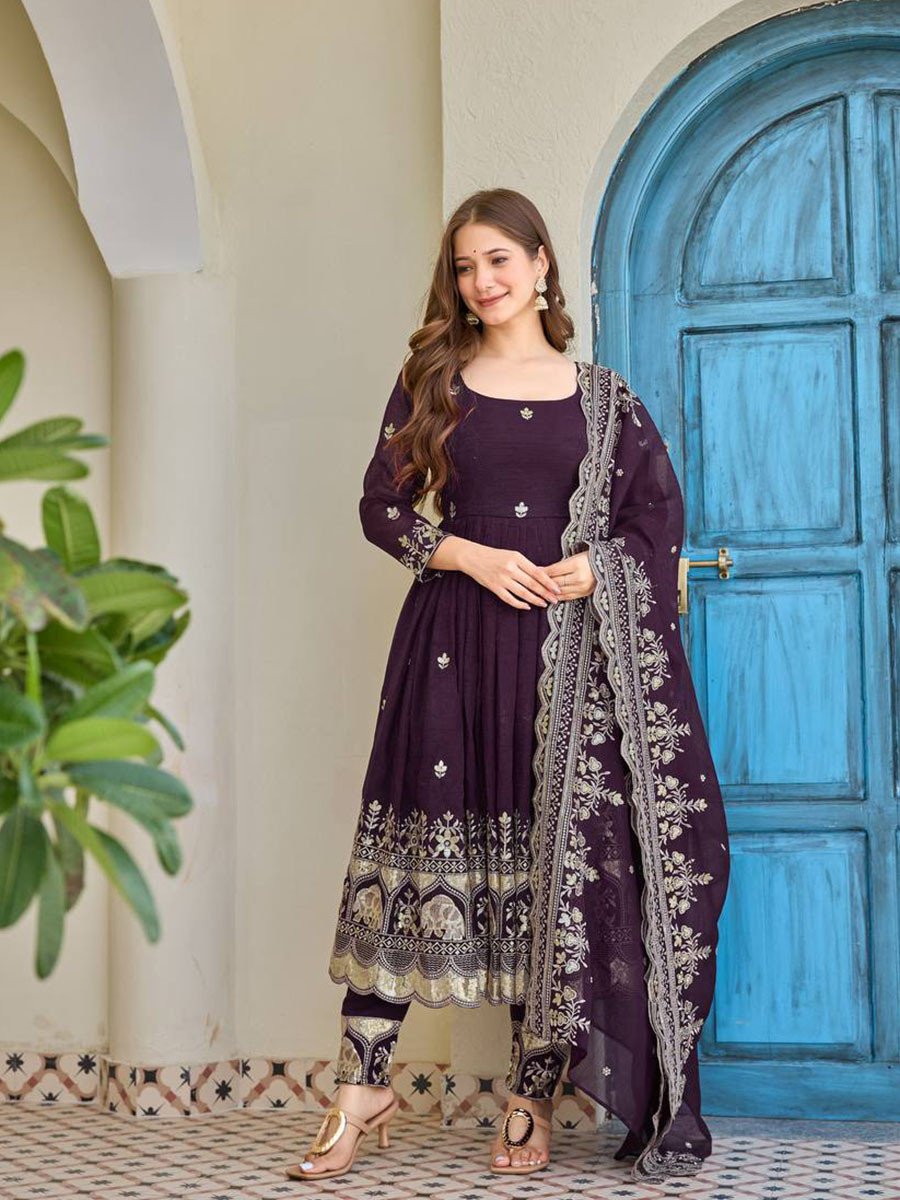 Wine Heavy Crunchy Silk Embroidery Festival Party Wedding Ready Anarkali Pant Salwar Kameez