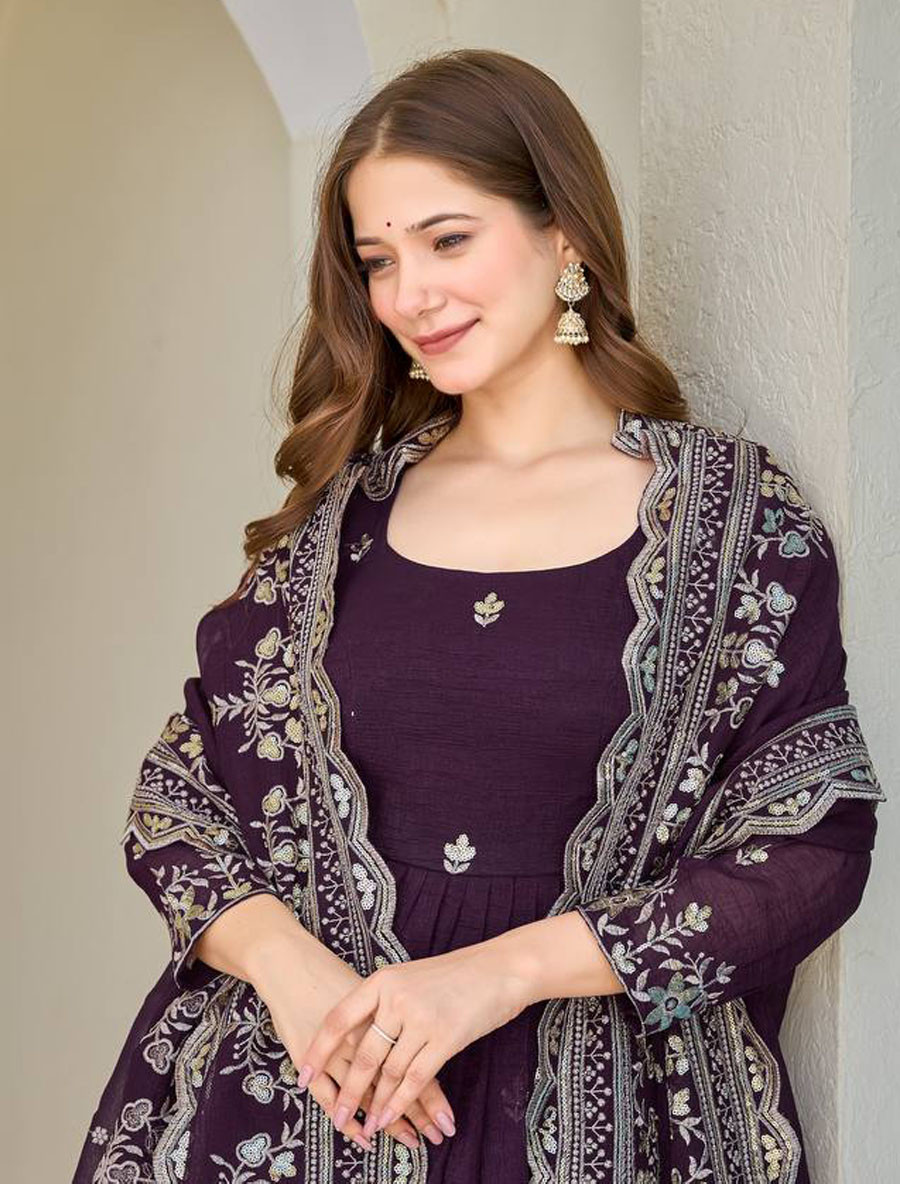 Wine Heavy Crunchy Silk Embroidery Festival Party Wedding Ready Anarkali Pant Salwar Kameez