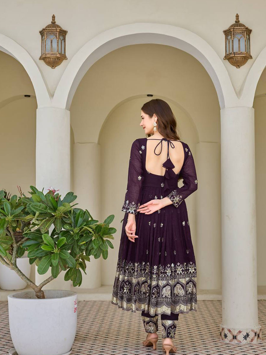 Wine Heavy Crunchy Silk Embroidery Festival Party Wedding Ready Anarkali Pant Salwar Kameez