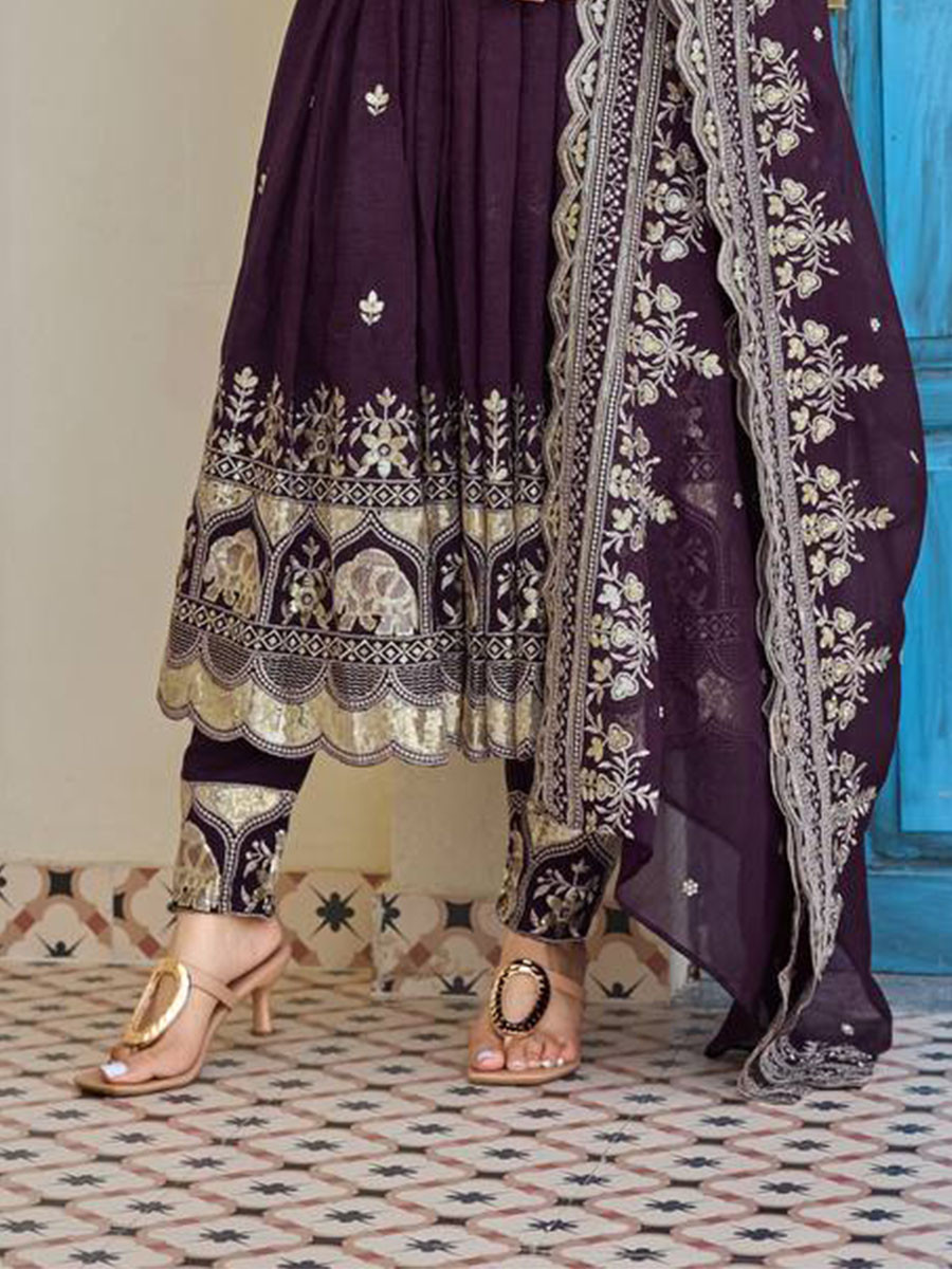 Wine Heavy Crunchy Silk Embroidery Festival Party Wedding Ready Anarkali Pant Salwar Kameez