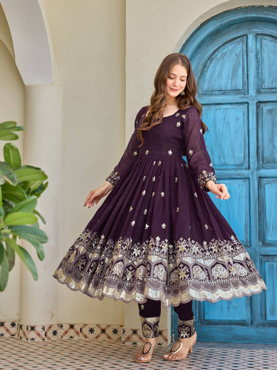 Wine Heavy Crunchy Silk Embroidery Festival Party Wedding Ready Anarkali Pant Salwar Kameez