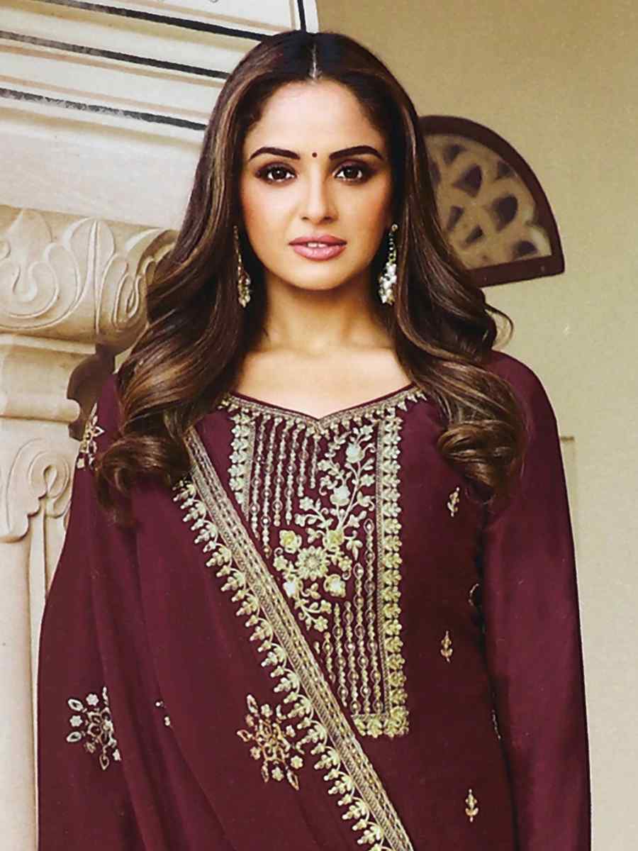 Wine Heavy Dola Silk Embroidered Festival Pant Salwar Kameez