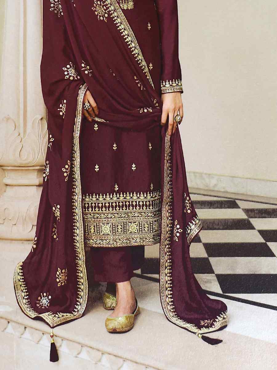 Wine Heavy Dola Silk Embroidered Festival Pant Salwar Kameez