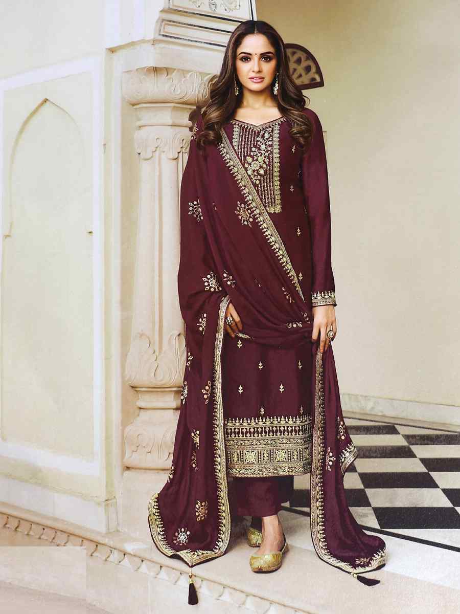 Wine Heavy Dola Silk Embroidered Festival Pant Salwar Kameez