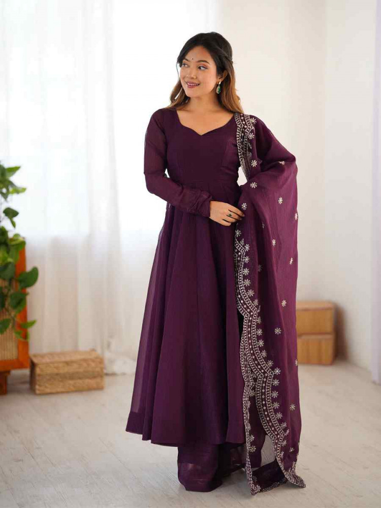 Image of Wine Heavy Fandy Silk Plain Party Wedding Festival Casual Ready Anarkali Salwar Kameez