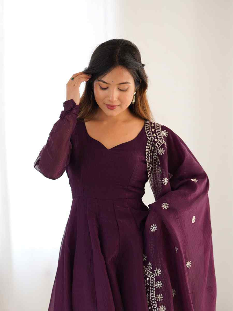 Wine Heavy Fandy Silk Plain Party Wedding Festival Casual Ready Anarkali Salwar Kameez