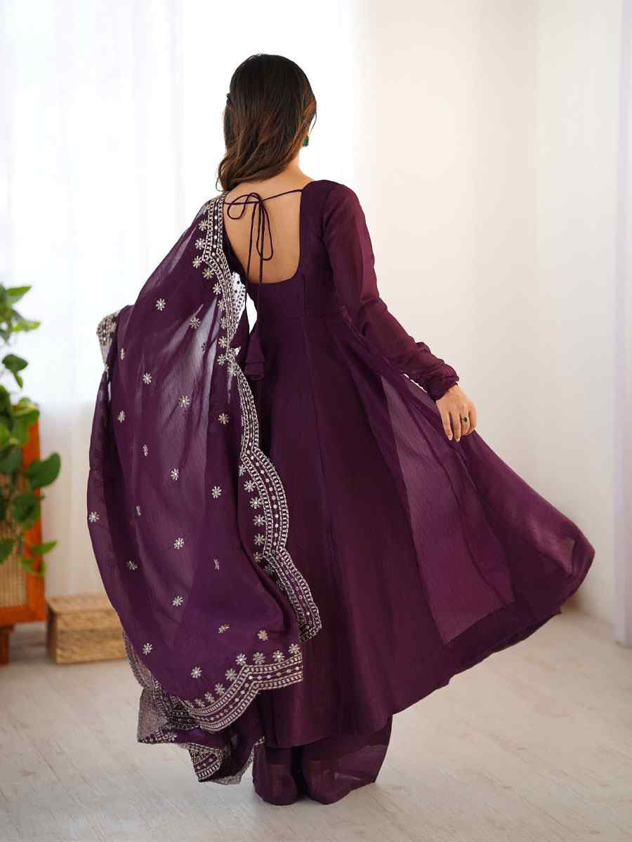 Wine Heavy Fandy Silk Plain Party Wedding Festival Casual Ready Anarkali Salwar Kameez