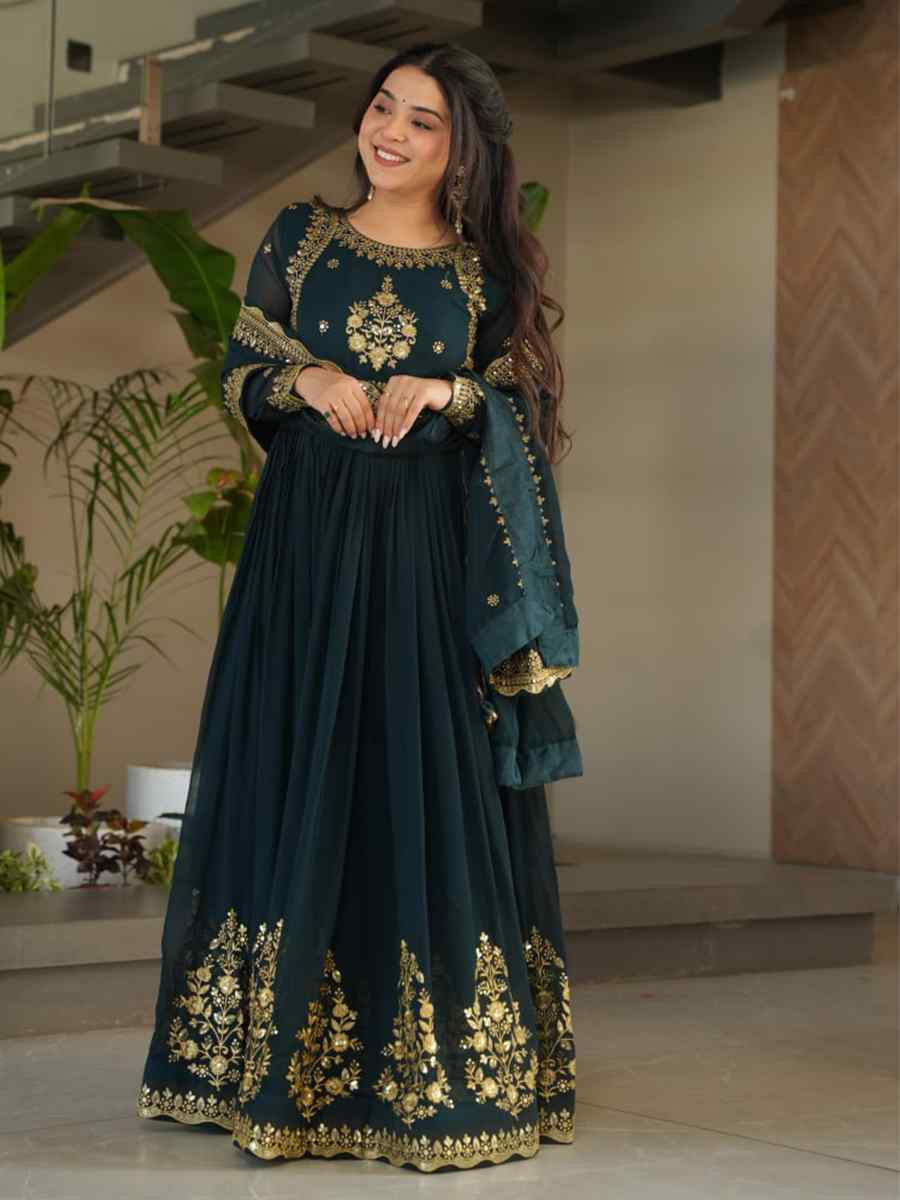 Wine Heavy Faux Blooming Georgette Embroidered Festival Casual Gown