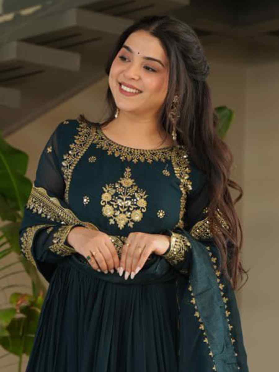 Wine Heavy Faux Blooming Georgette Embroidered Festival Casual Gown