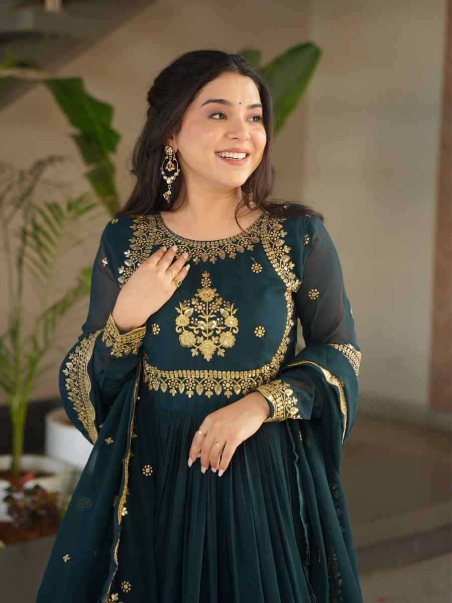 Wine Heavy Faux Blooming Georgette Embroidered Festival Casual Gown