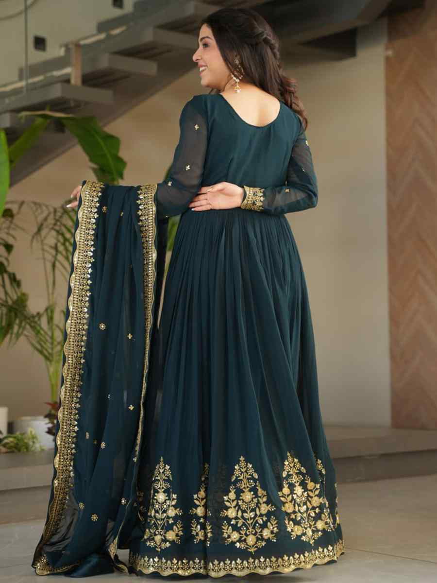 Wine Heavy Faux Blooming Georgette Embroidered Festival Casual Gown