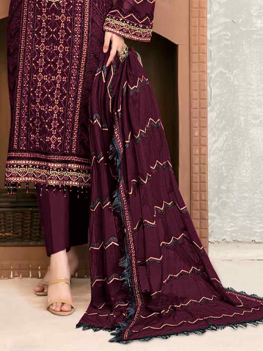 Wine Heavy Faux Georgette Embroidered Festival Party Pant Salwar Kameez