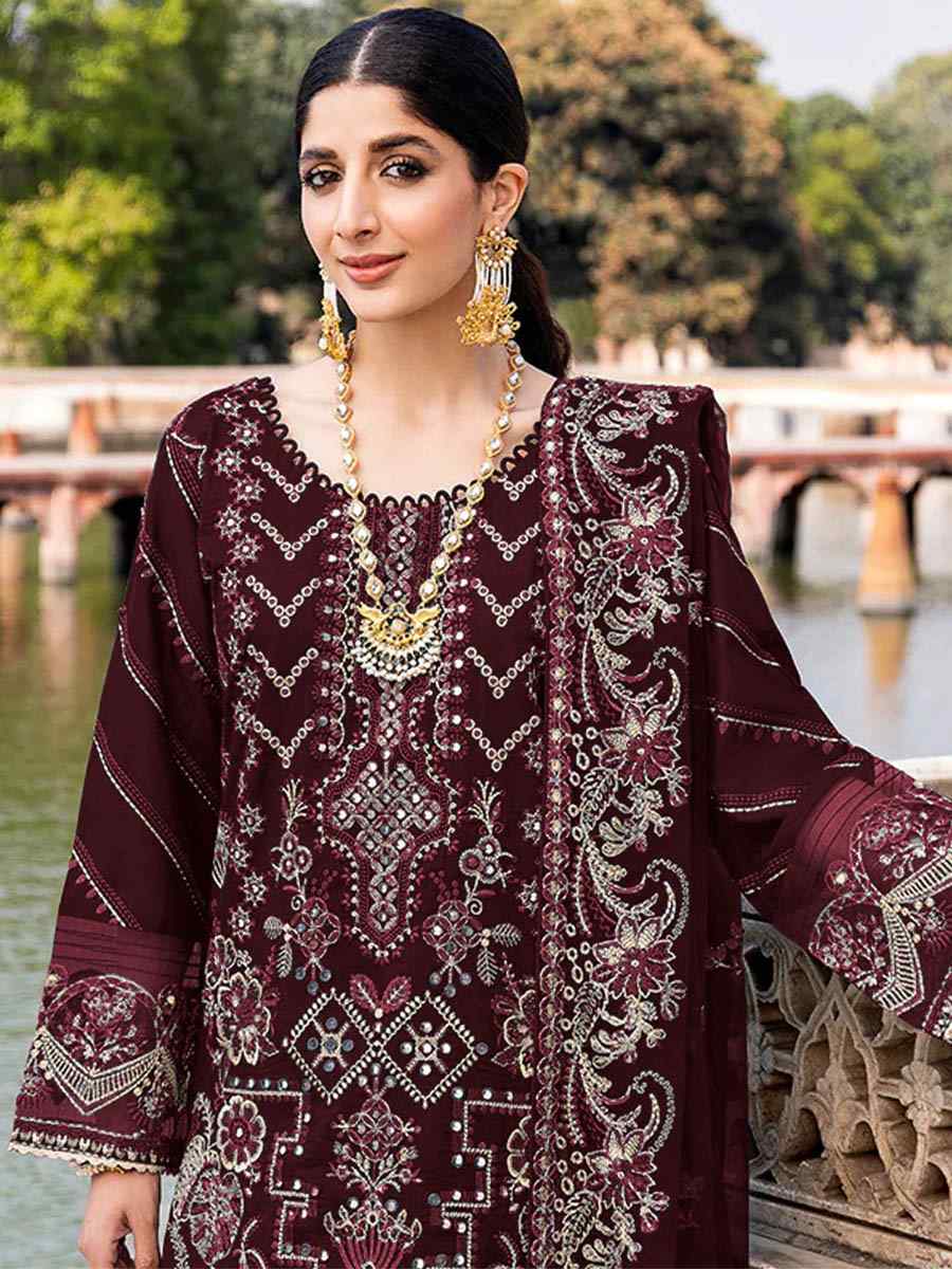 Wine Heavy Faux Georgette Embroidered Festival Party Pant Salwar Kameez
