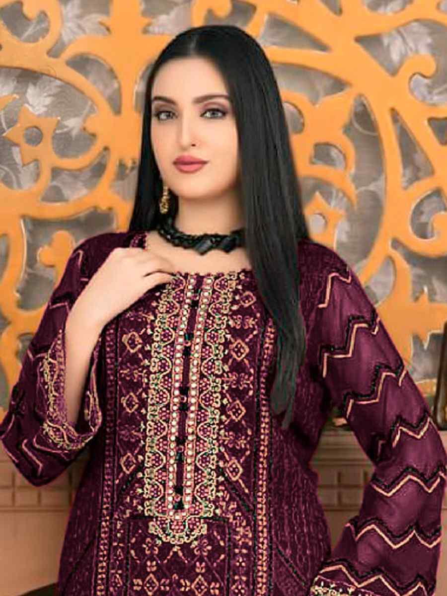 Wine Heavy Faux Georgette Embroidered Festival Party Pant Salwar Kameez