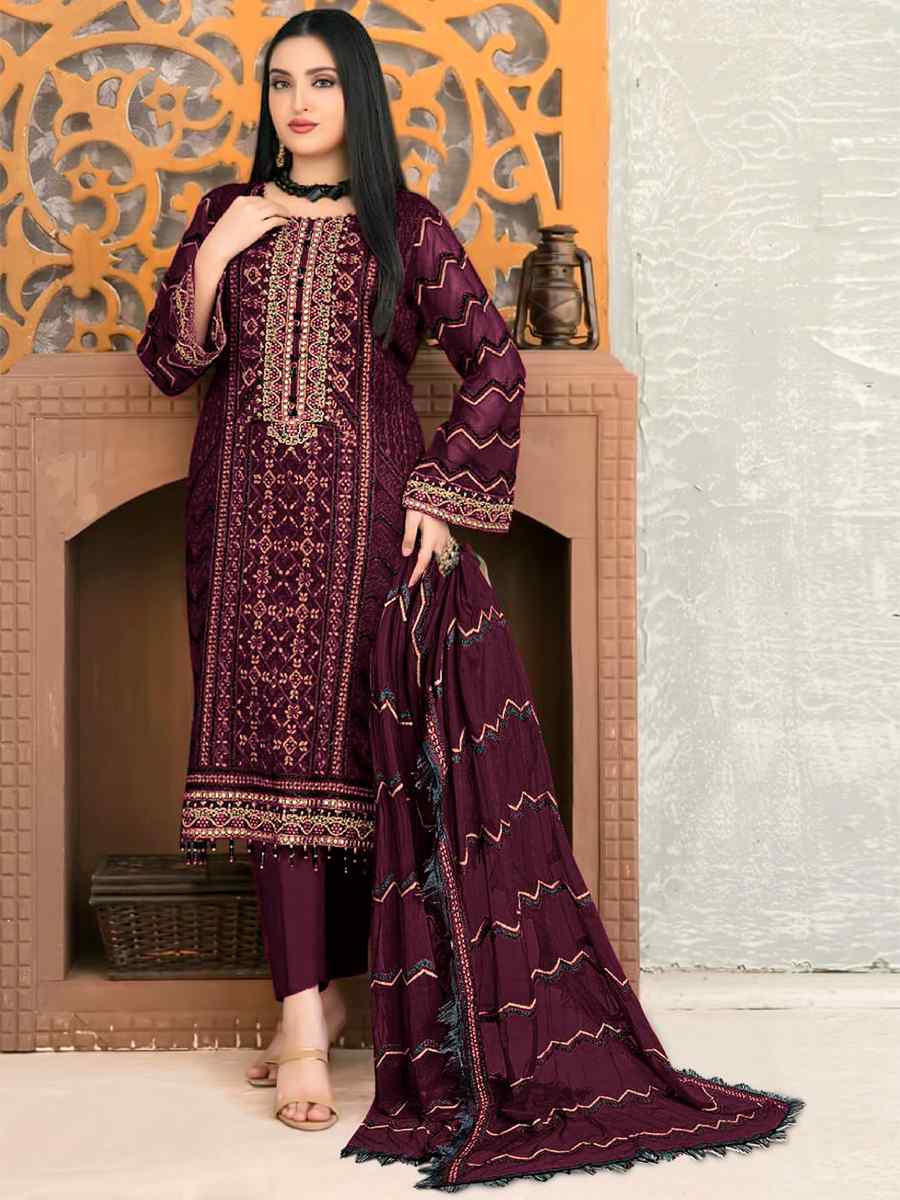 Wine Heavy Faux Georgette Embroidered Festival Party Pant Salwar Kameez
