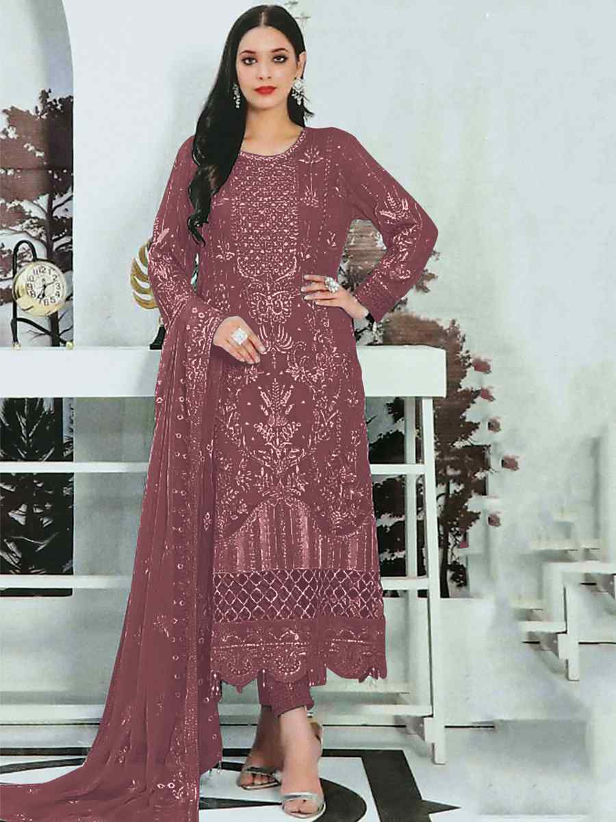 Wine Heavy Faux Georgette Embroidered Festival Party Pant Salwar Kameez