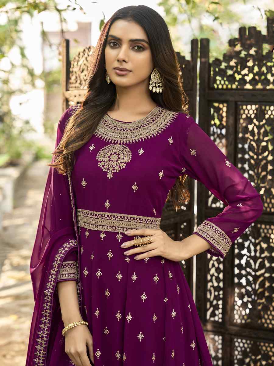 Wine Heavy Faux Georgette Embroidered Festival Wedding Anarkali Salwar Kameez