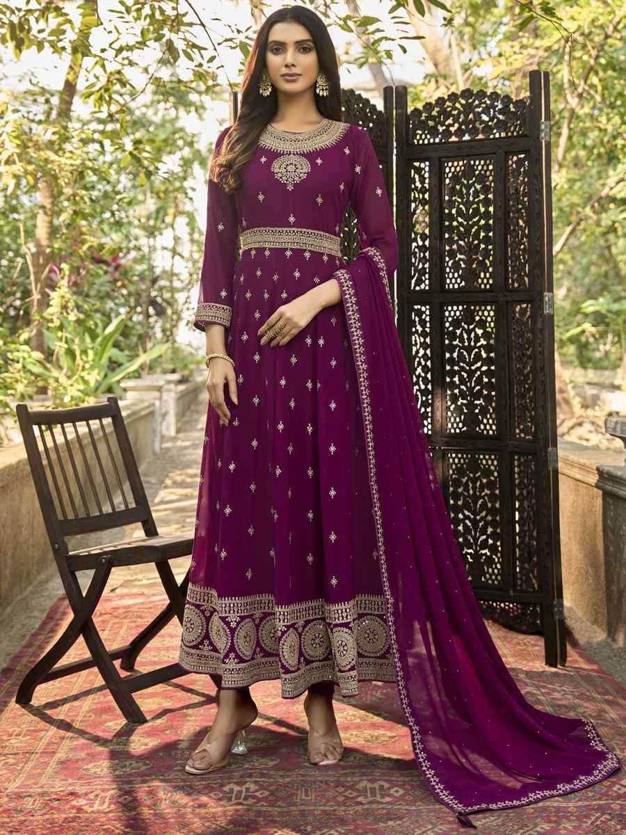Wine Heavy Faux Georgette Embroidered Festival Wedding Anarkali Salwar Kameez