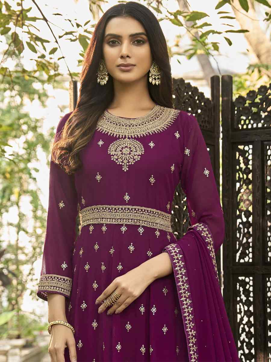 Wine Heavy Faux Georgette Embroidered Festival Wedding Anarkali Salwar Kameez