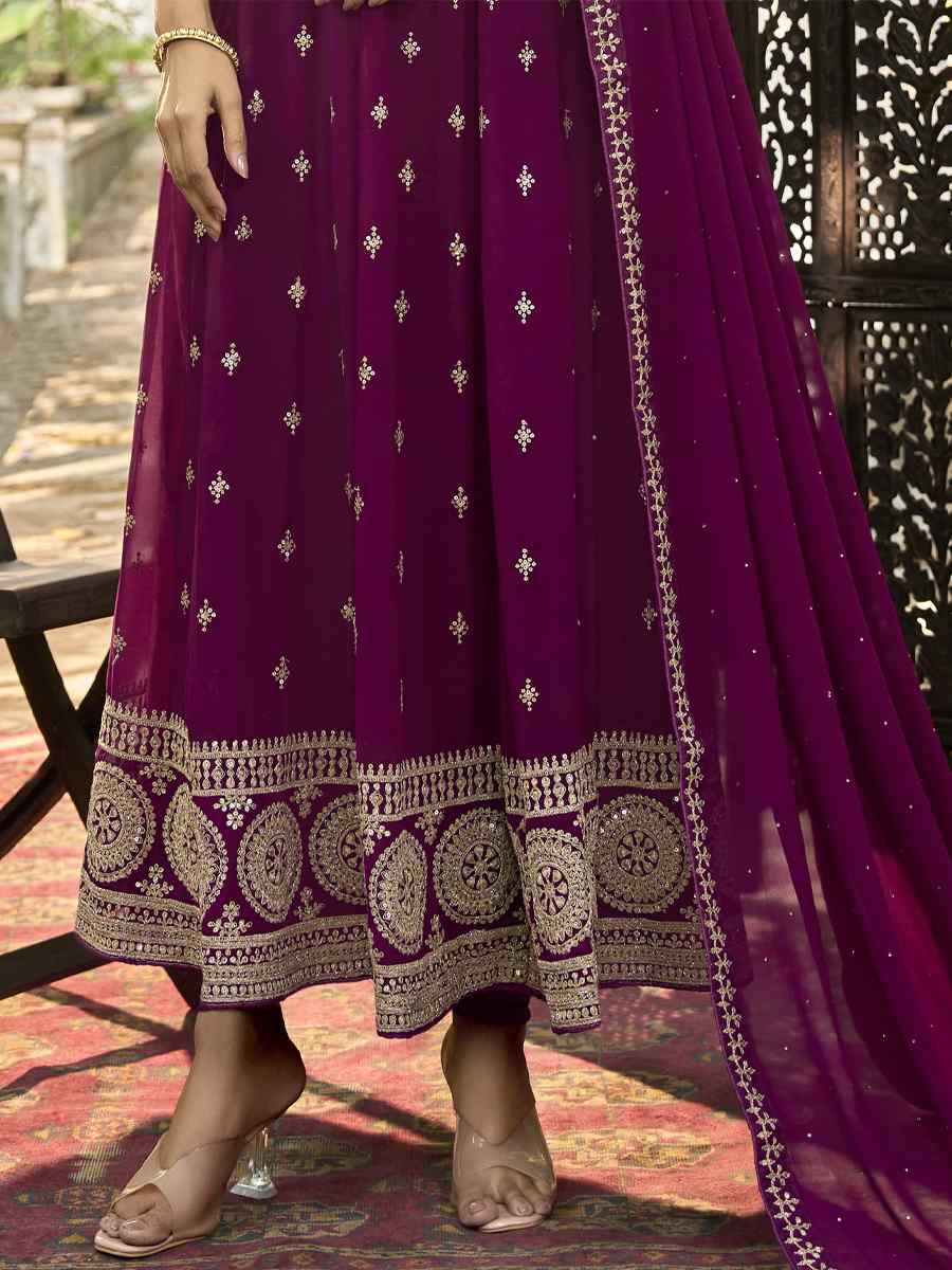 Wine Heavy Faux Georgette Embroidered Festival Wedding Anarkali Salwar Kameez