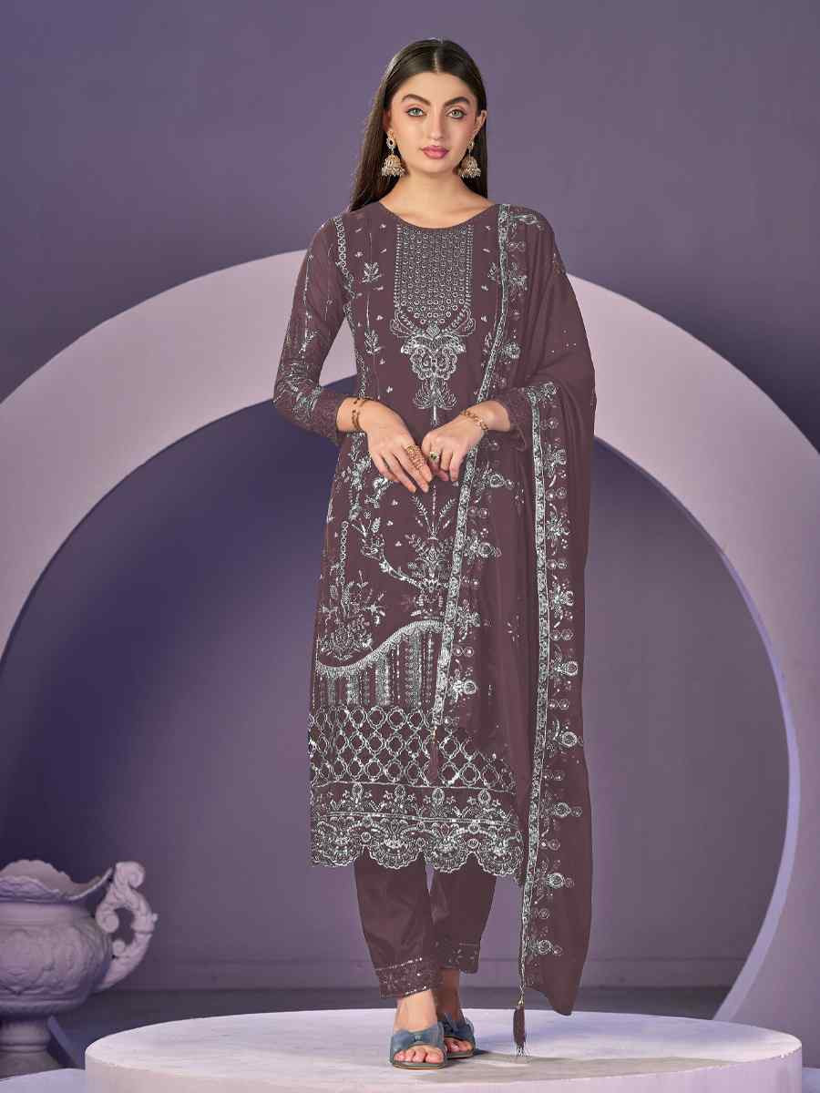 Wine Heavy Faux Georgette Embroidered Festival Wedding Pant Salwar Kameez
