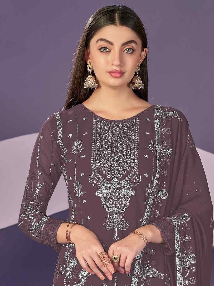 Wine Heavy Faux Georgette Embroidered Festival Wedding Pant Salwar Kameez