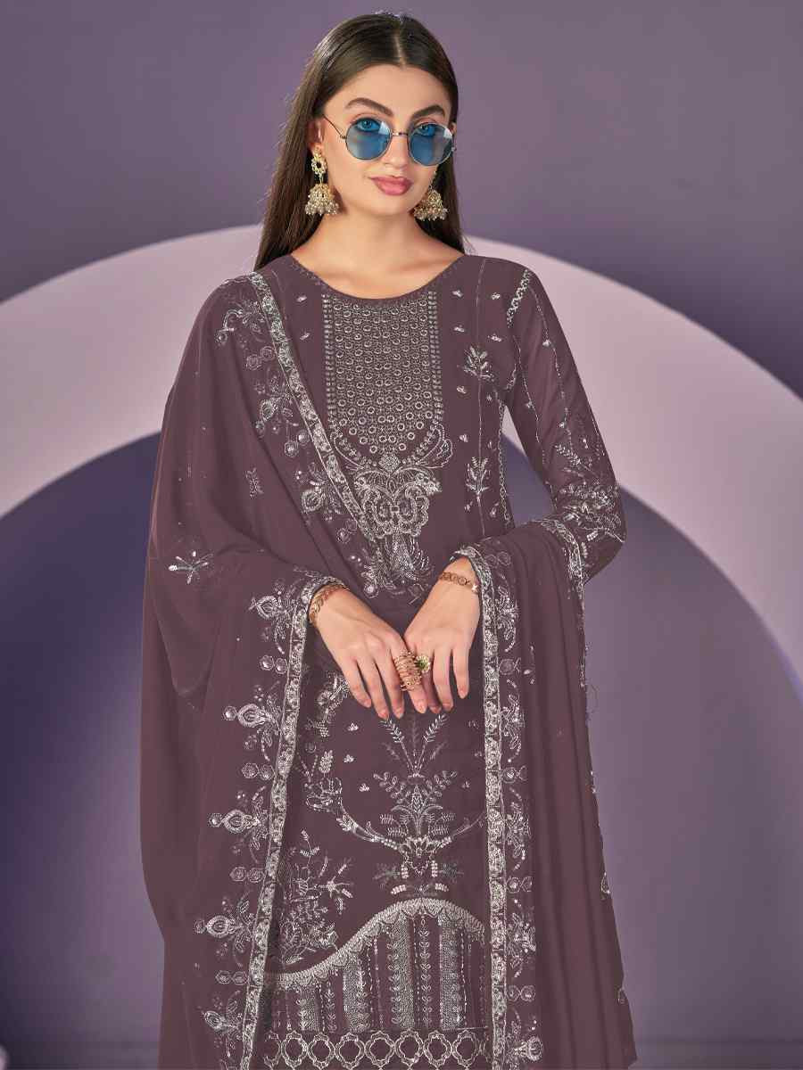 Wine Heavy Faux Georgette Embroidered Festival Wedding Pant Salwar Kameez