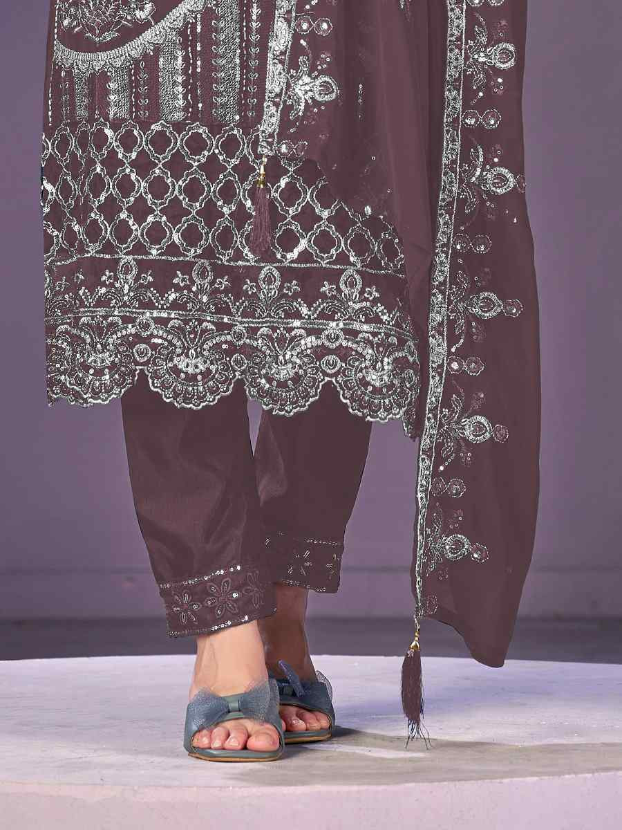 Wine Heavy Faux Georgette Embroidered Festival Wedding Pant Salwar Kameez