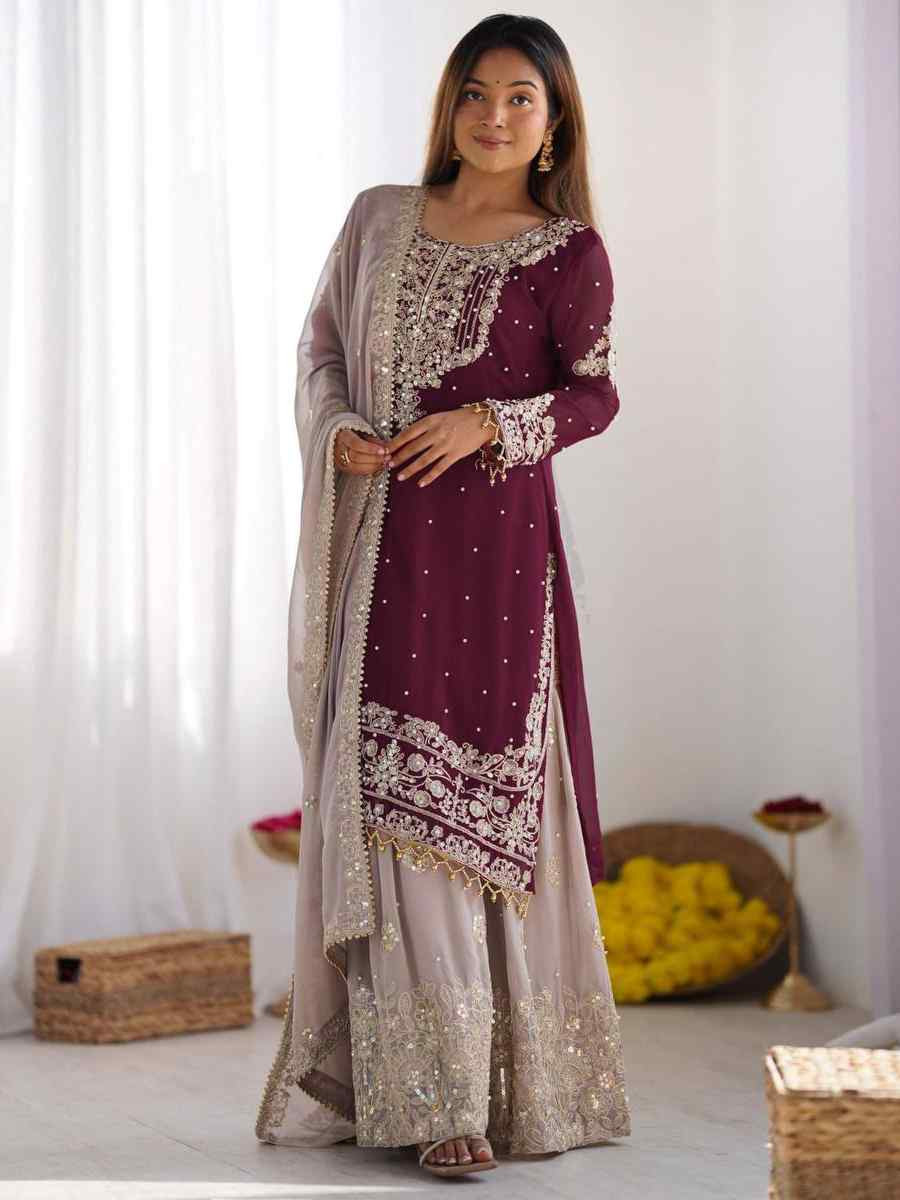 Wine Heavy Faux Georgette Embroidered Mehendi Wedding Ready Sharara Pant Salwar Kameez