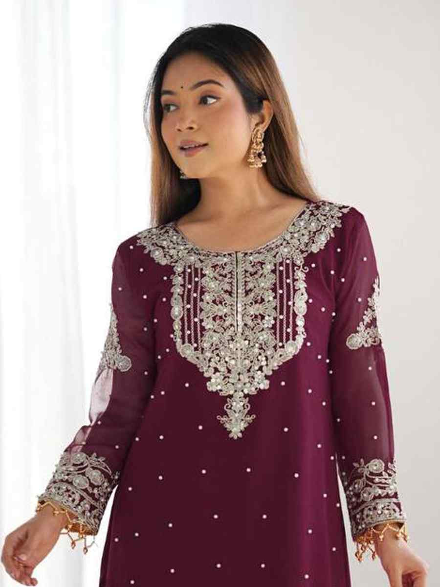 Wine Heavy Faux Georgette Embroidered Mehendi Wedding Ready Sharara Pant Salwar Kameez