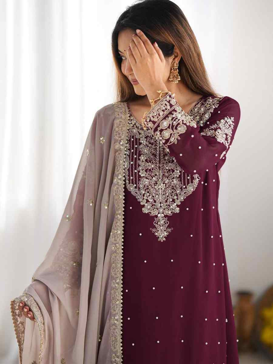 Wine Heavy Faux Georgette Embroidered Mehendi Wedding Ready Sharara Pant Salwar Kameez