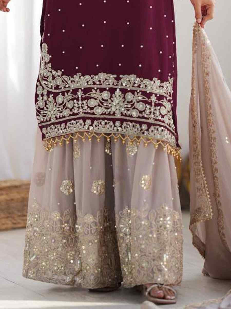 Wine Heavy Faux Georgette Embroidered Mehendi Wedding Ready Sharara Pant Salwar Kameez