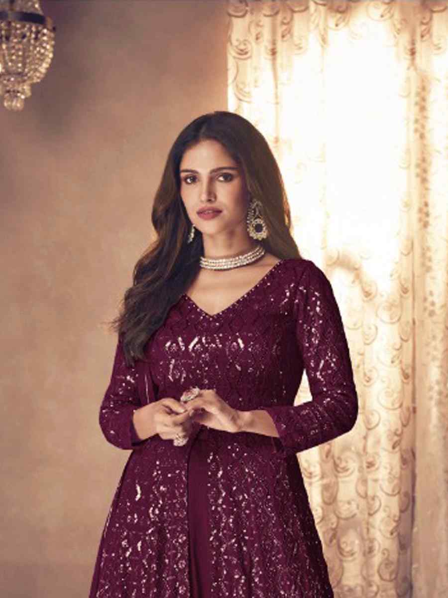 Wine Heavy Faux Georgette Embroidered Party Engagement Lawn Salwar Kameez