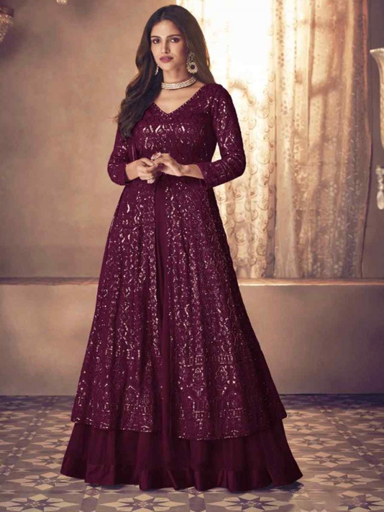 Wine Heavy Faux Georgette Embroidered Party Engagement Lawn Salwar Kameez