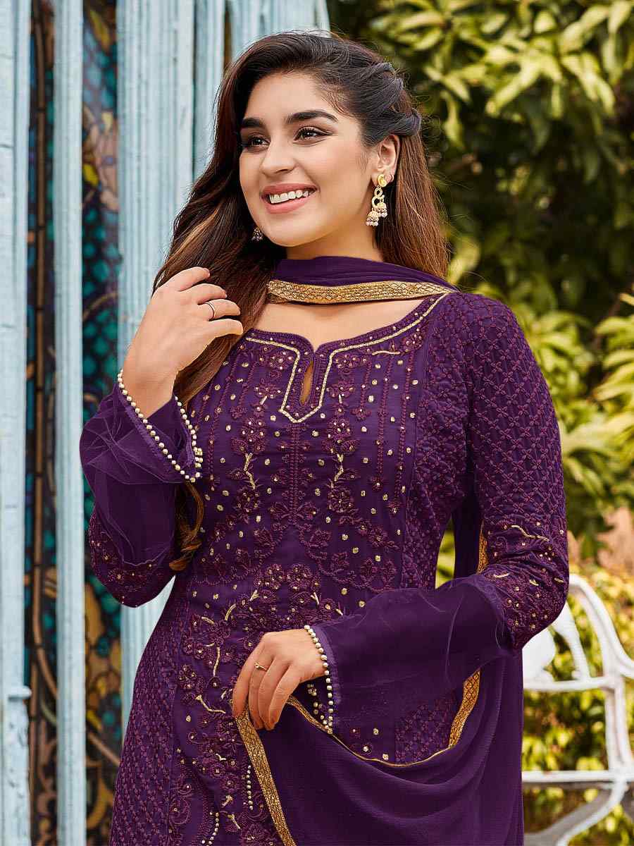 Wine Heavy Faux Georgette Embroidered Party Pant Salwar Kameez
