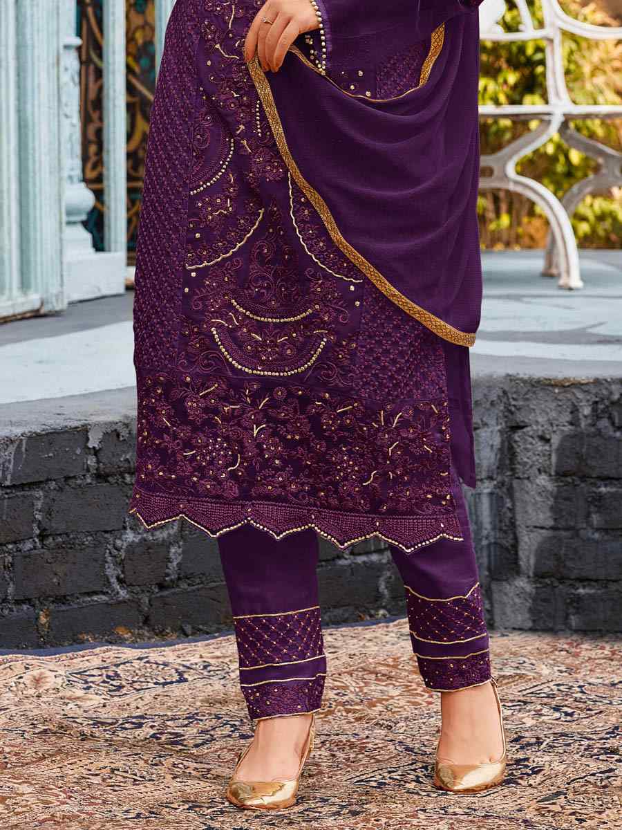 Wine Heavy Faux Georgette Embroidered Party Pant Salwar Kameez