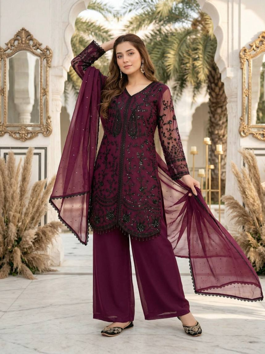 Wine Heavy Faux Georgette Embroidery Sequins Stone Work Wedding Party Festival Casual Ready Palazzo Pant Salwar Kameez